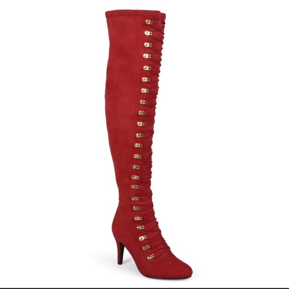 Red Over-the-Knee Lace-Up Boots - Picture 4 of 12